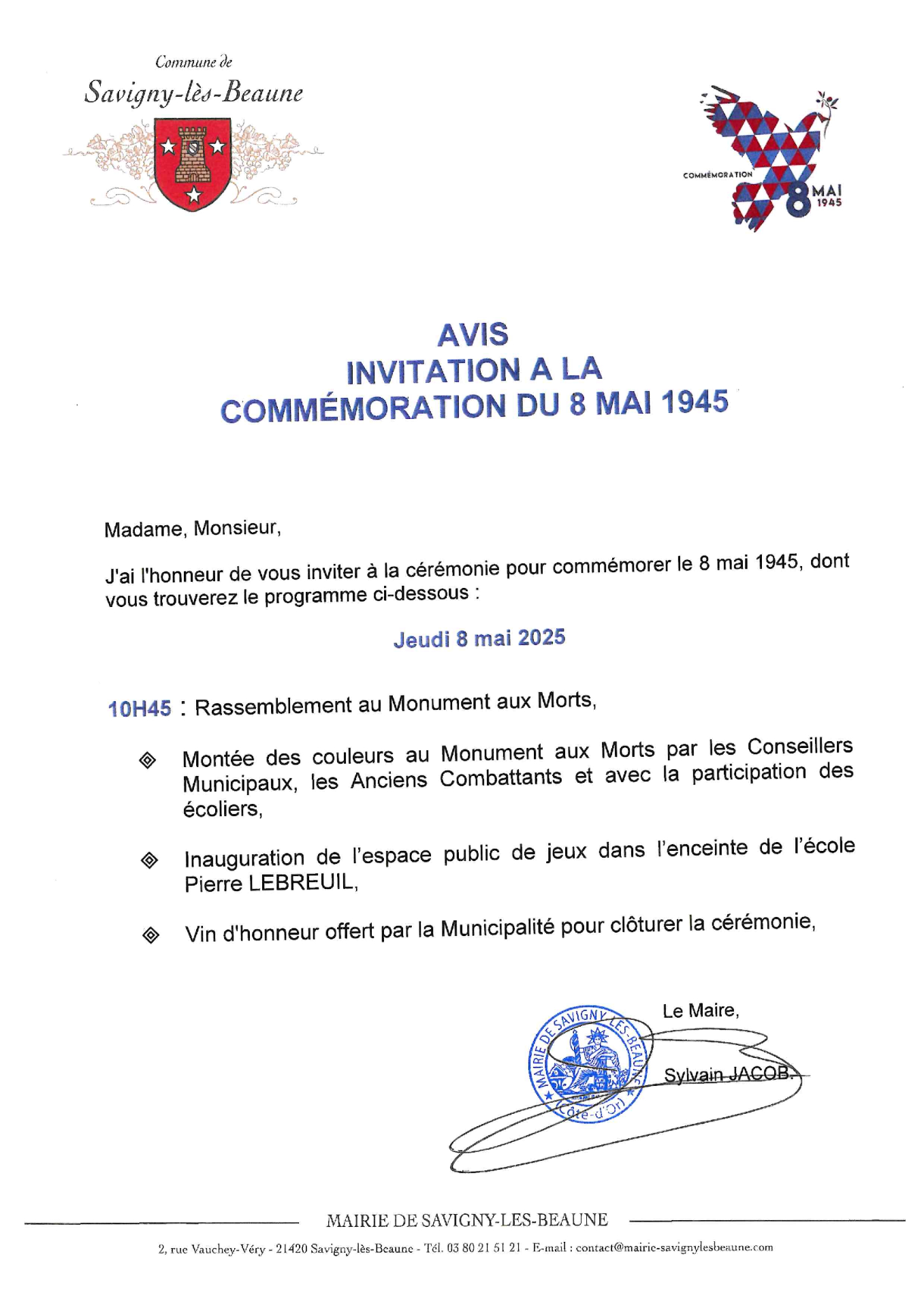 avis de commémoration du 8 mai 1945