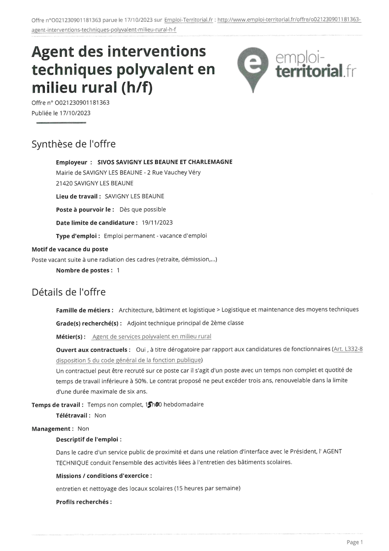 Offre d'emploi